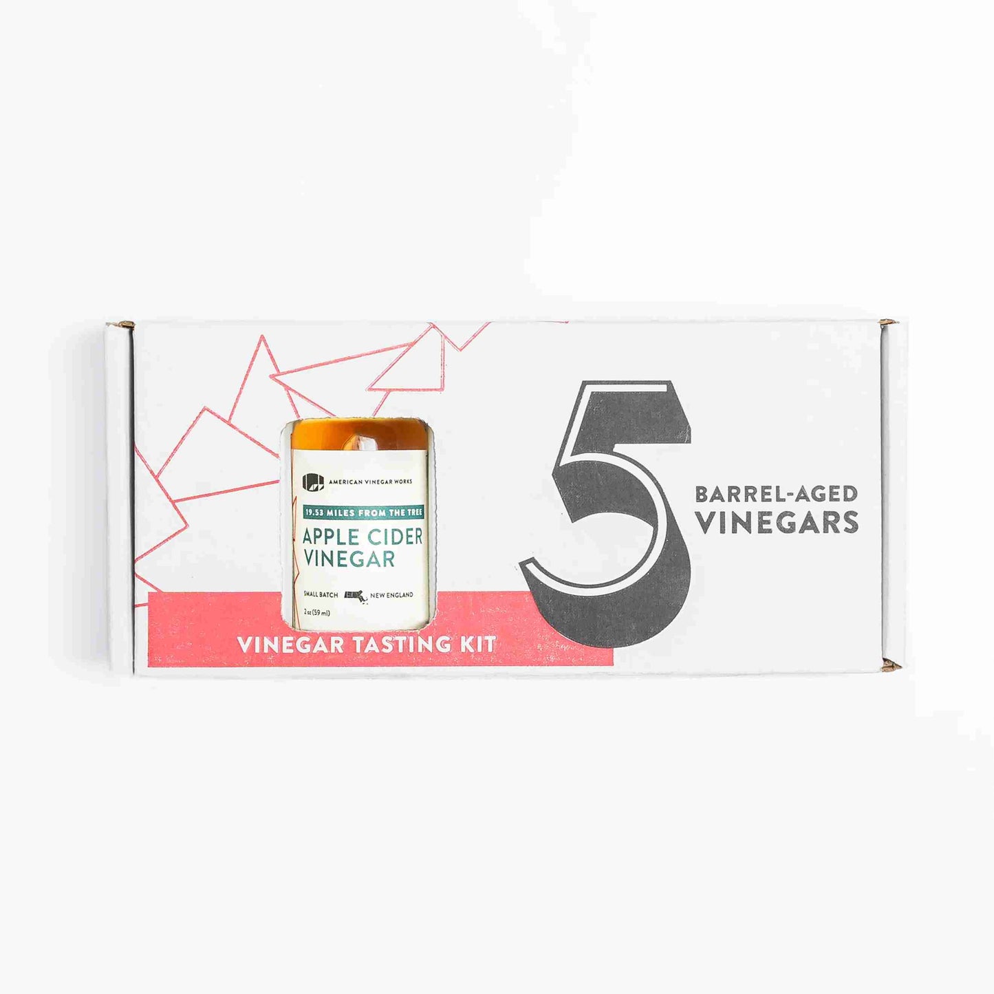 American Vinegar Works Essentials Plus Vinegar Sampler pack featuring five barrel-aged vinegars in a tasting kit.