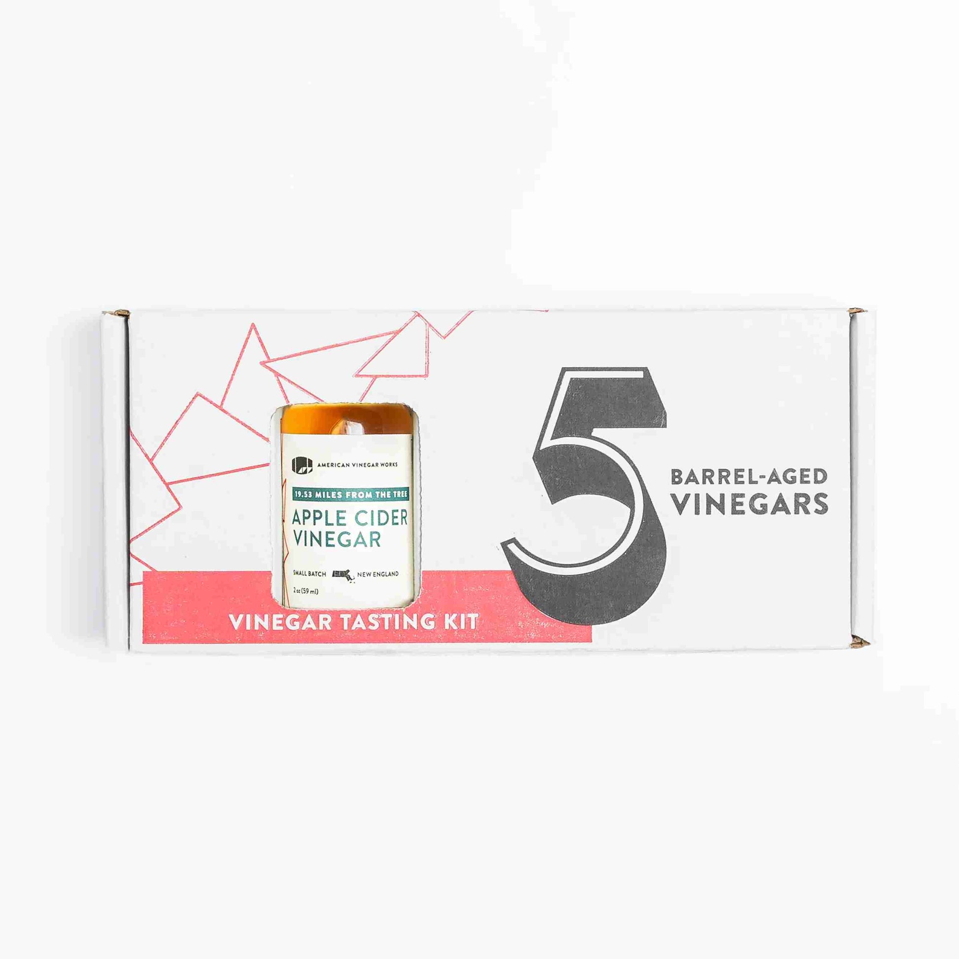 American Vinegar Works Essentials Plus Vinegar Sampler pack featuring five barrel-aged vinegars in a tasting kit.