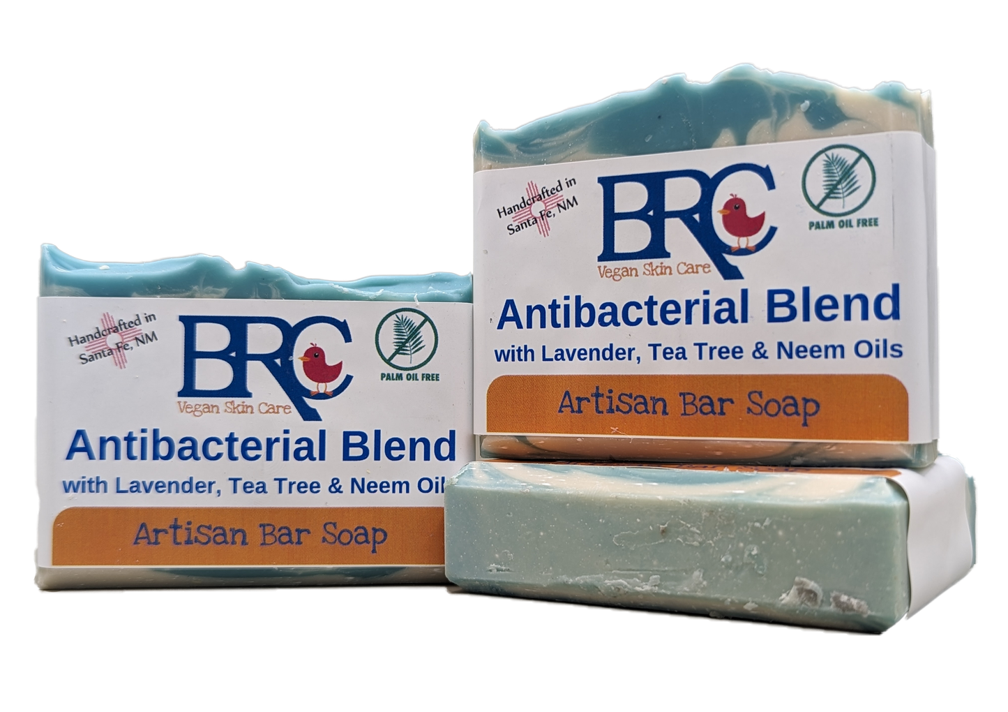 Bar soap with tea tree, lavender, and neem oil by Robin Creations, featuring a natural antibacterial formula in a rectangular shape.