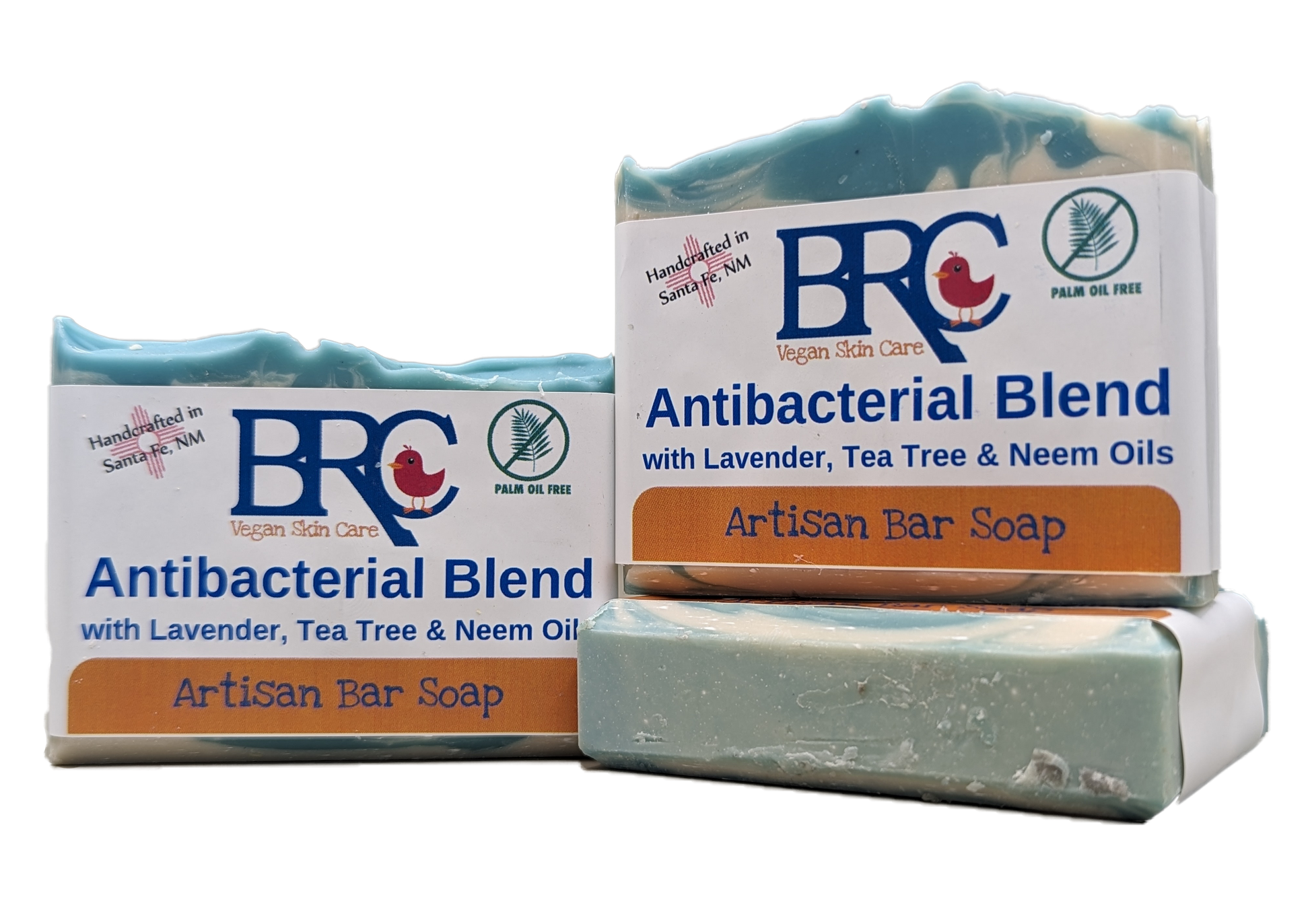 Bar soap with tea tree, lavender, and neem oil by Robin Creations, featuring a natural antibacterial formula in a rectangular shape.