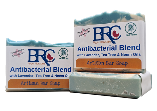 Bar soap with tea tree, lavender, and neem oil by Robin Creations, featuring a natural antibacterial formula in a rectangular shape.