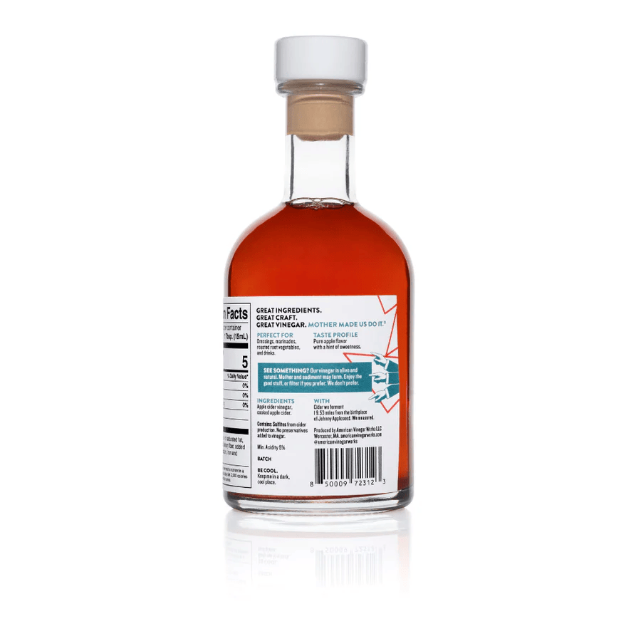Front view of American Vinegar Works Apple Cider Vinegar bottle with nutrition label, 19.53 miles from the tree.