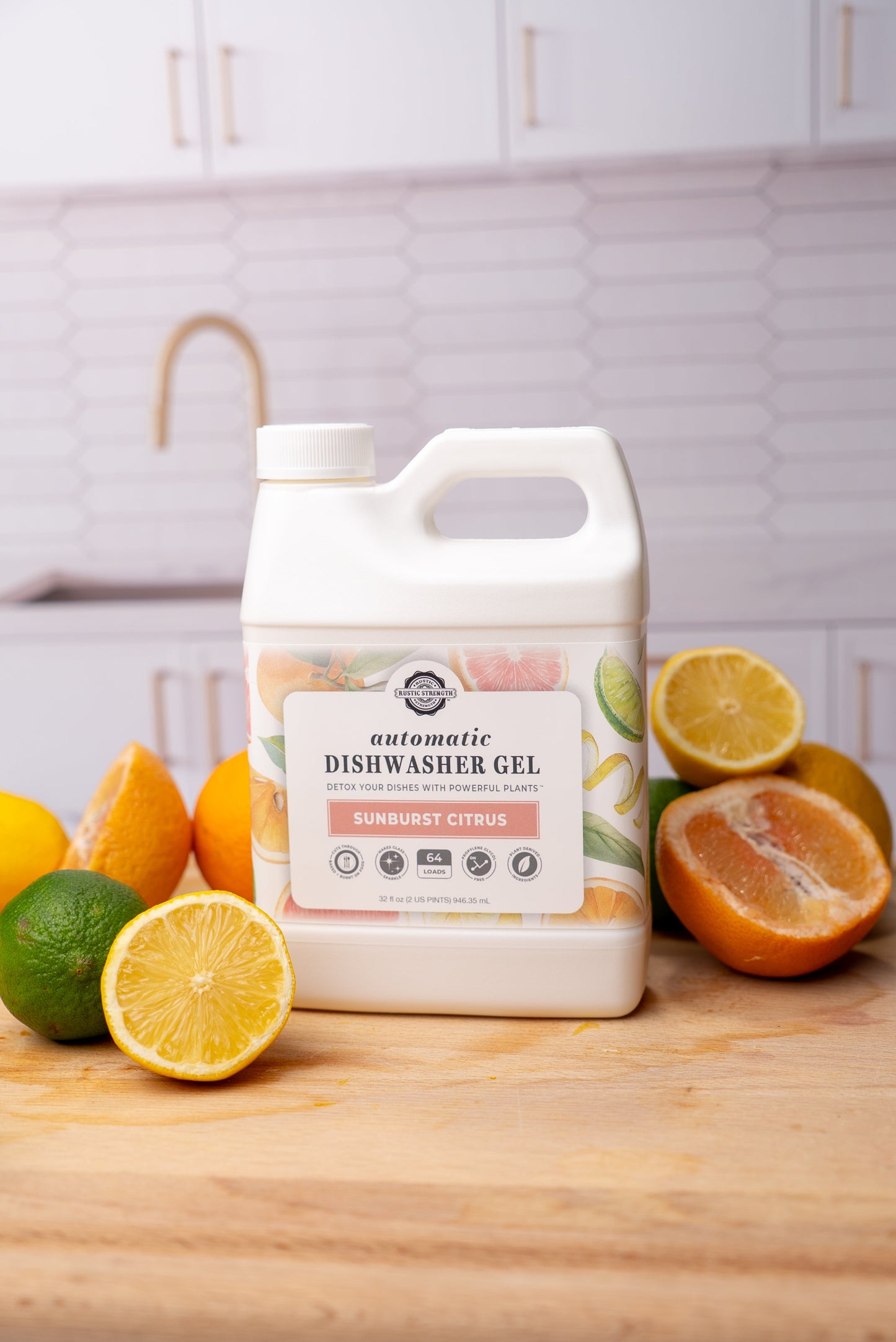 Rustic Strength Sunburst Citrus automatic dishwasher gel in a bottle, showing the dish soap container for cleaning dishes.