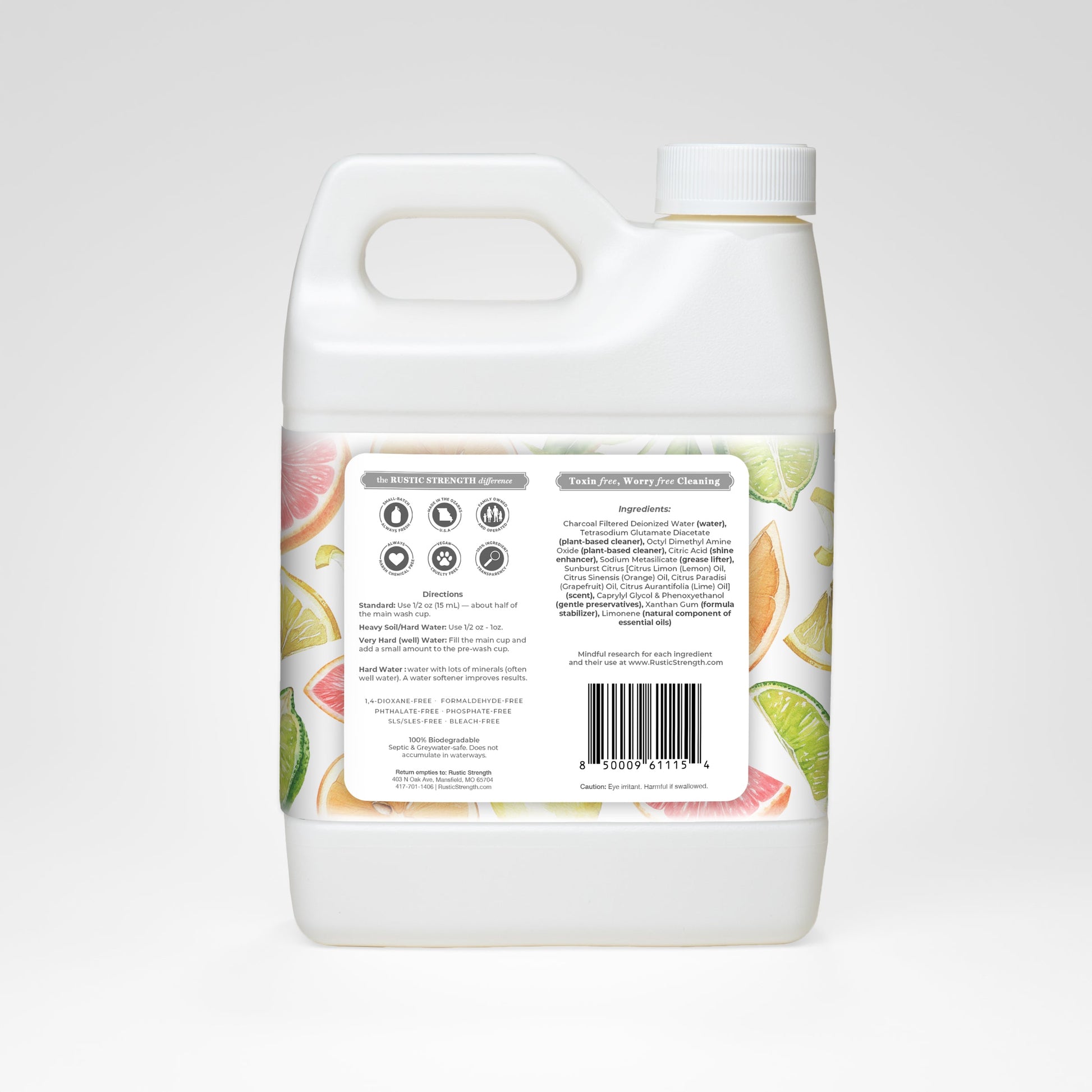 Rustic Strength Sunburst Citrus automatic dishwasher gel in a 32 oz bottle, showing the back label with cleaning instructions.