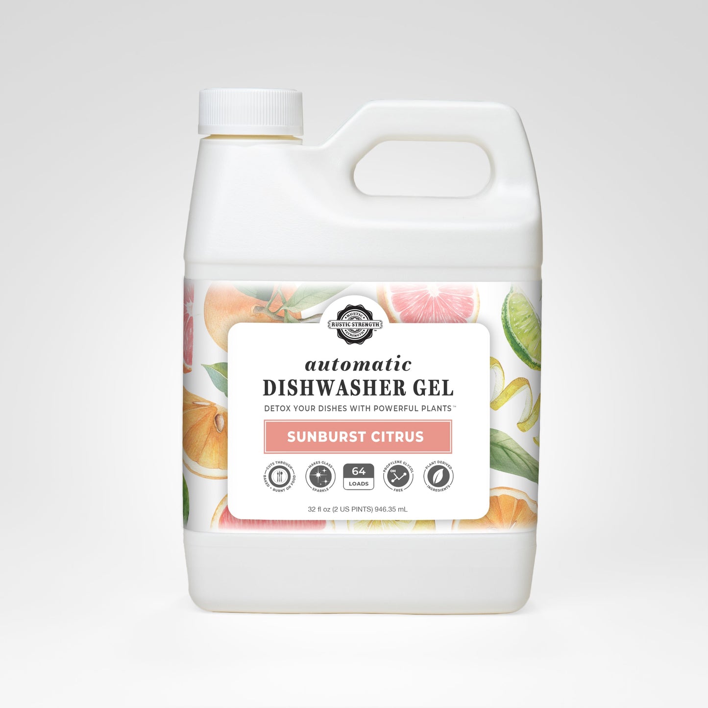 Rustic Strength Sunburst Citrus automatic dishwasher gel in a 32 oz bottle, front view showing label and product design