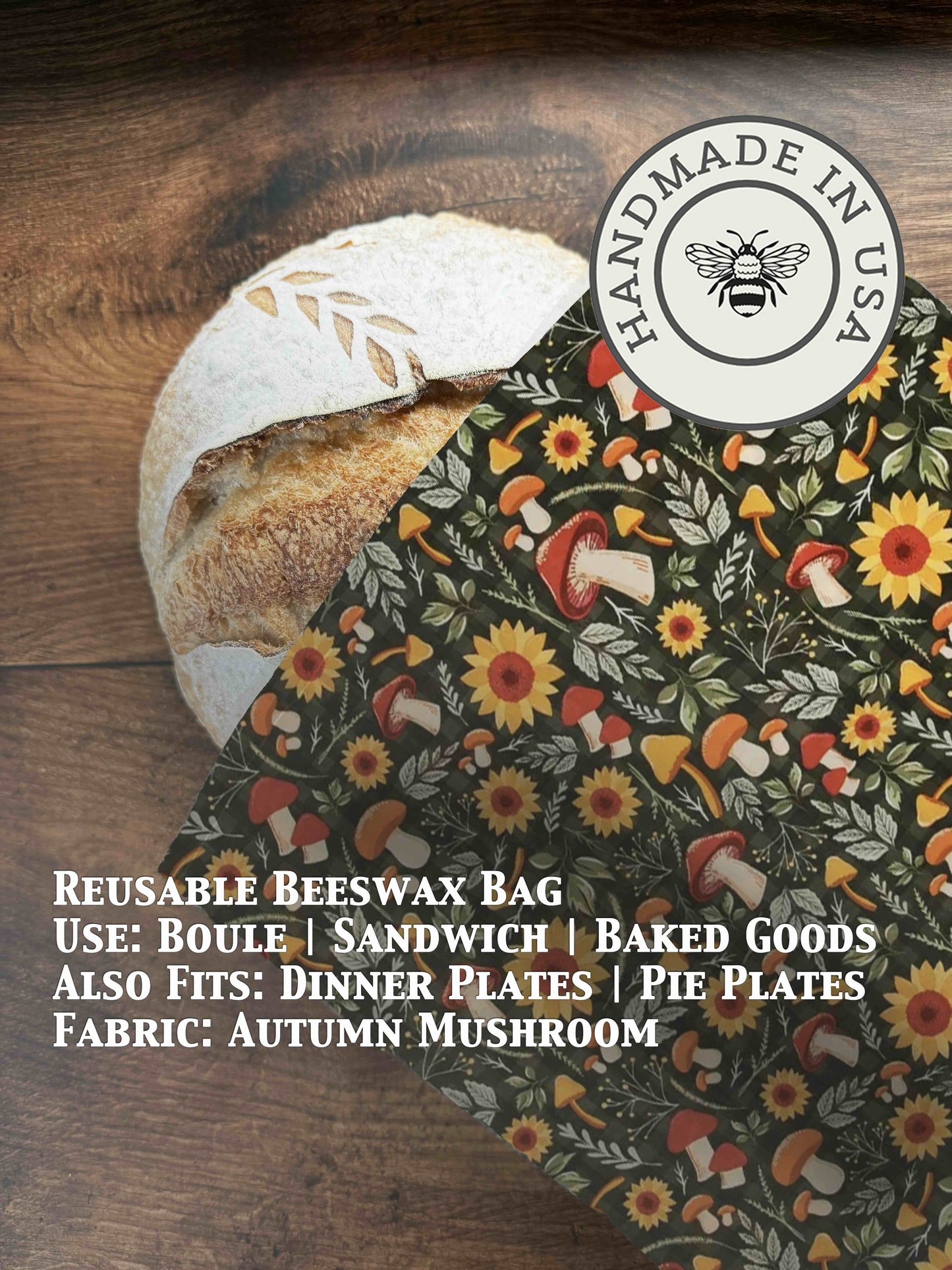 Beeswaxed bread bag from Five Oaks Farm with autumn mushroom pattern, eco-friendly storage for bread and baked goods.