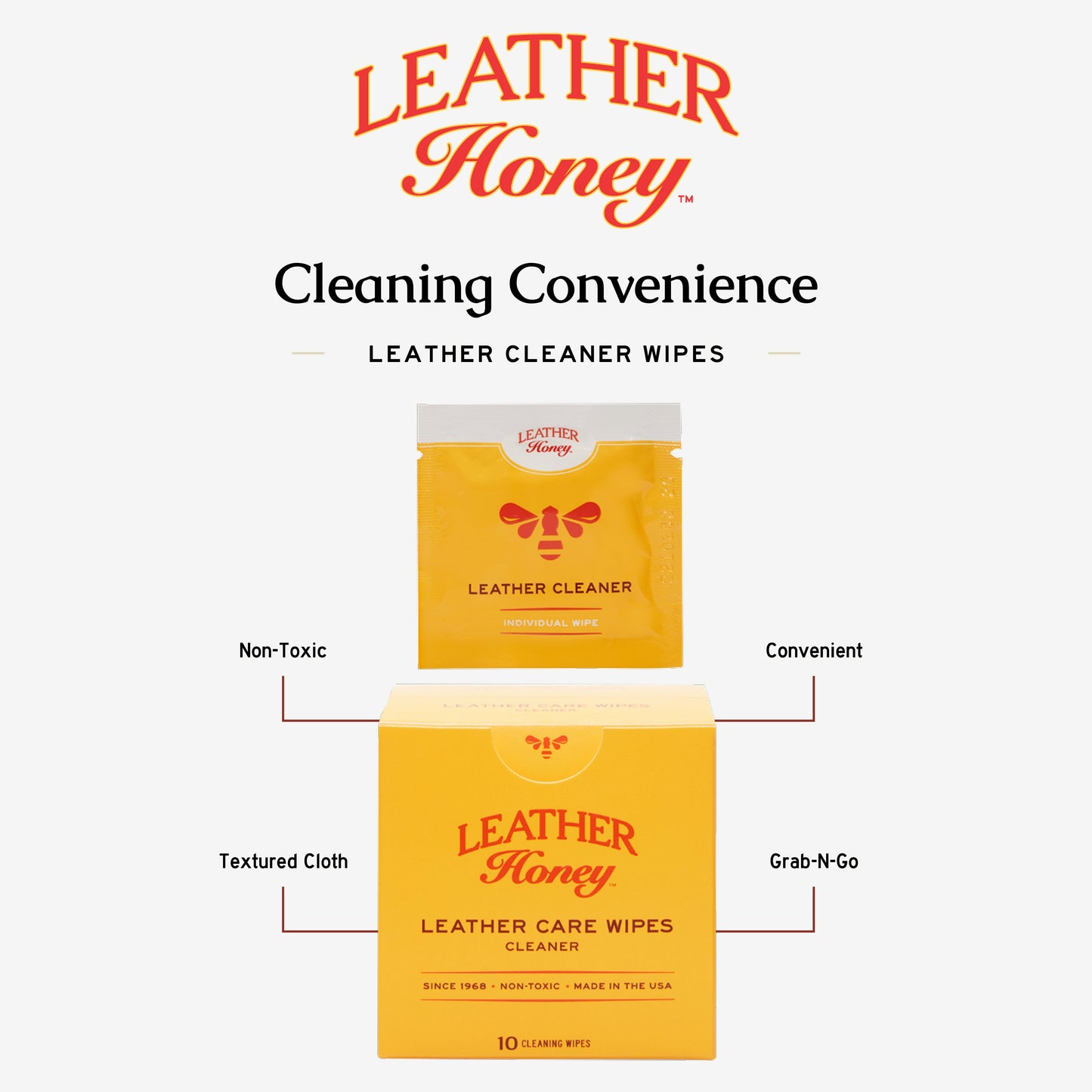 Leather Honey Leather Care Wipes pack showing ten soft, biodegradable wipes designed for cleaning and conditioning leather surfaces.