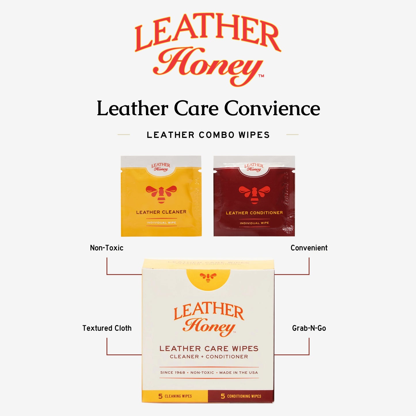 Leather Honey Leather Care Wipes pack showing ten wipes in a resealable package, designed for cleaning and conditioning leather.
