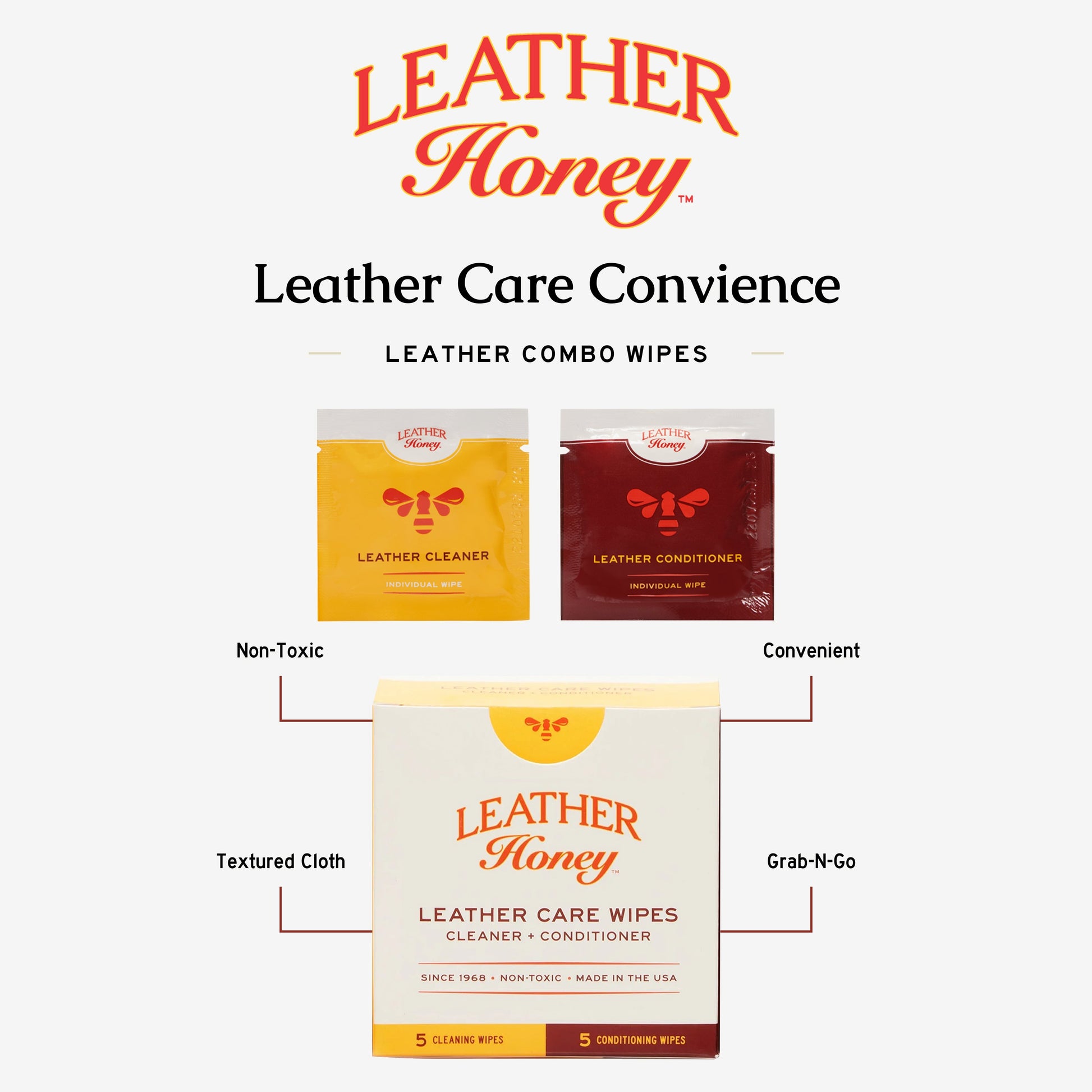 Leather Honey Leather Care Wipes pack showing ten wipes in a resealable package, designed for cleaning and conditioning leather.