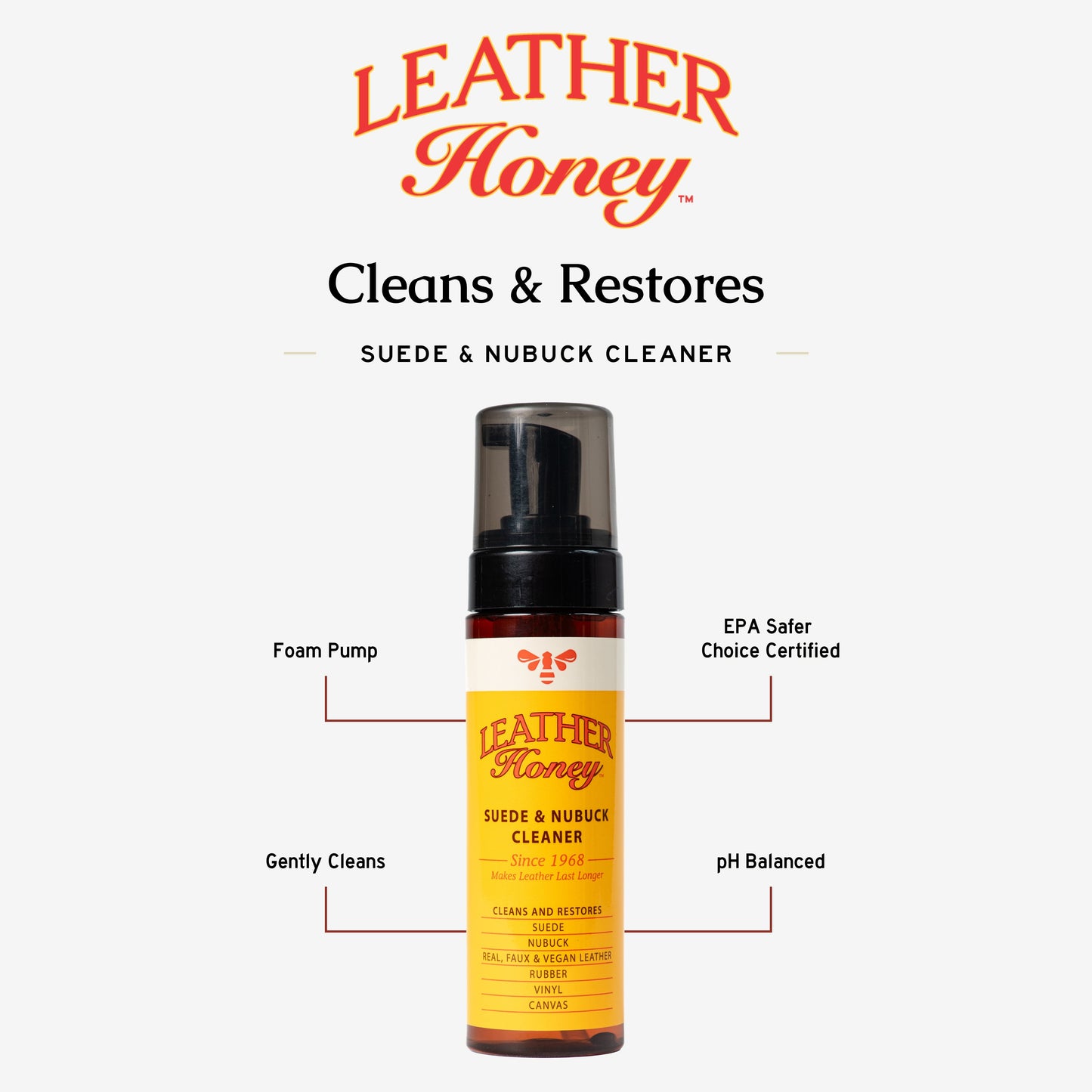 Leather Honey suede and nubuck cleaner for leather care, showing the product bottle and cleaning cloth on a neutral background.