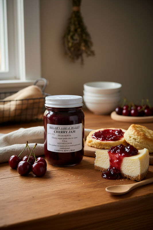 Amish Country Store Miller's Cherry Jam jar with a label, showcasing vibrant cherry jam inside a glass container.
