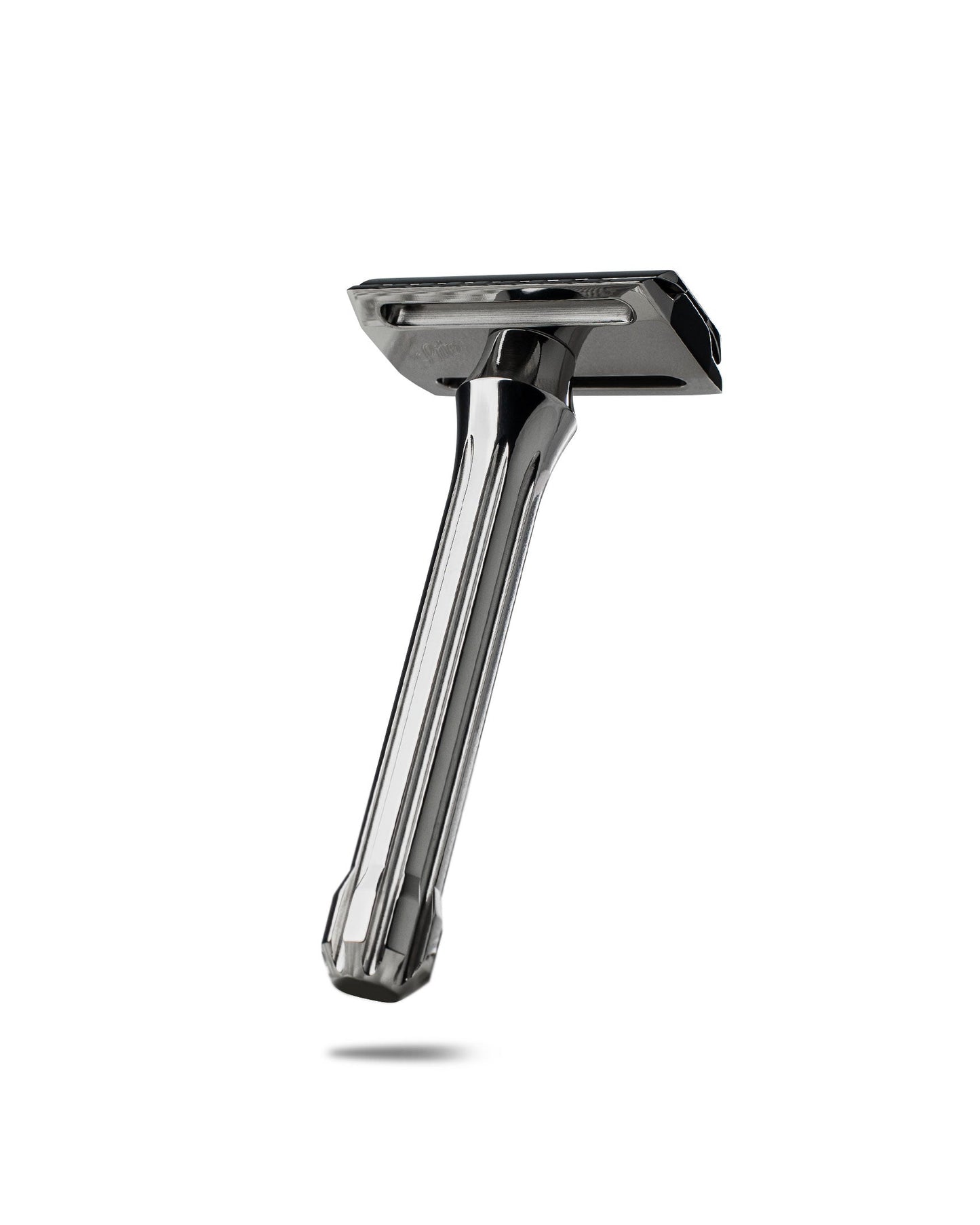 Blackbird Titanium razor by Blackland Razors with sleek black handle and polished metal head, close-up view of the shaving razor.