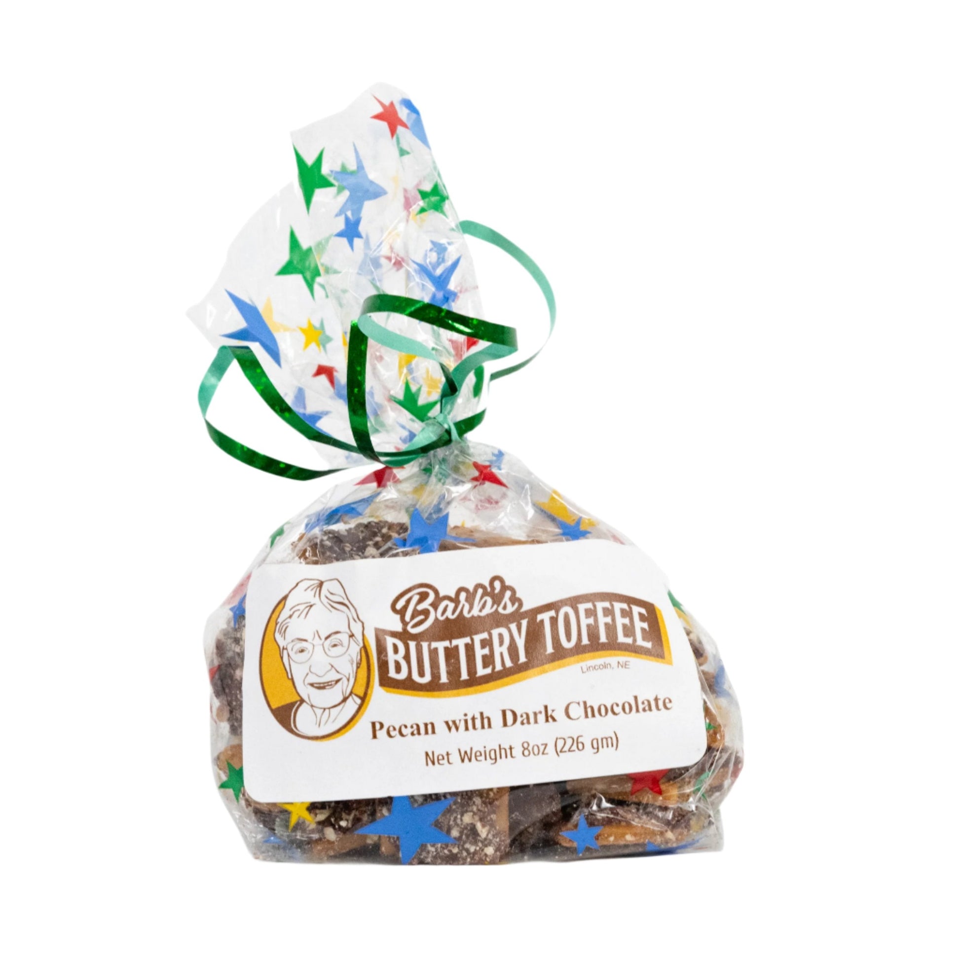 Homemade dark chocolate toffee with pecans from Barb's Buttery Toffee, 8 oz, with multiple nut options, on a white background.