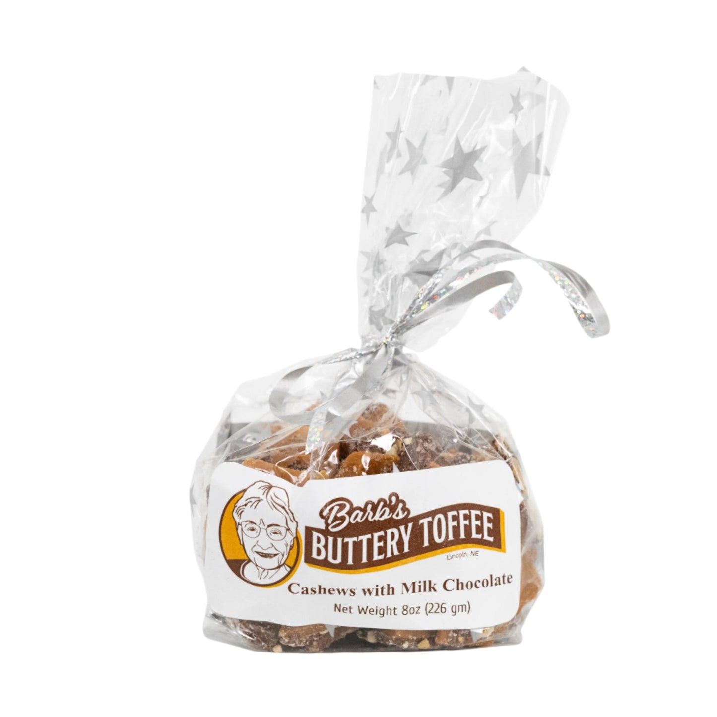 Homemade milk chocolate toffee with cashews, buttery texture, and nut options, presented in an 8 oz package by Barb's Toffee.