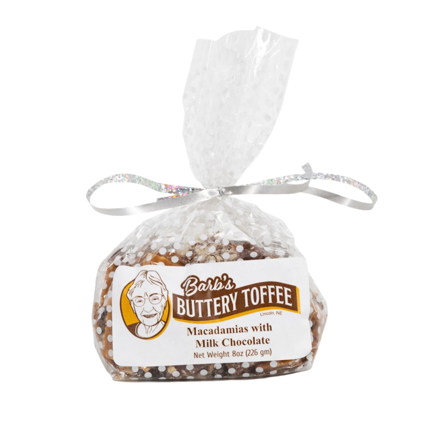 Homemade milk chocolate toffee with macadamia nuts, buttery texture, 8 oz package from Barb's Buttery Toffee, multiple nut options available.