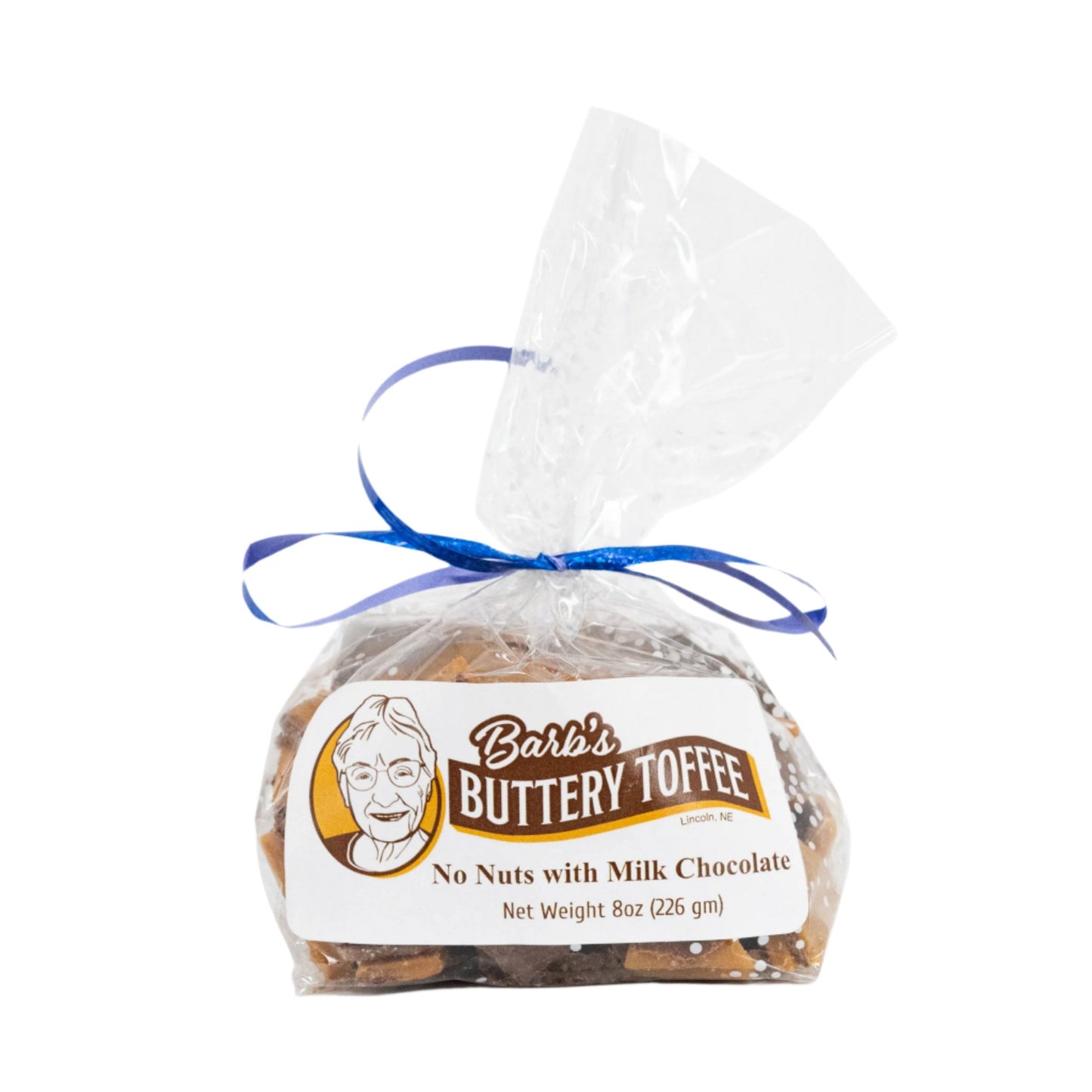 Homemade milk chocolate toffee with nuts from Barb's Buttery Toffee, displayed in an 8 oz package with nut options.