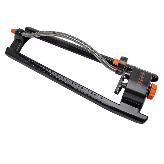 Orbit Irrigation BLACK+DECKER metal oscillating sprinkler covering 3,600 sq. ft. for lawn watering, with adjustable spray pattern.