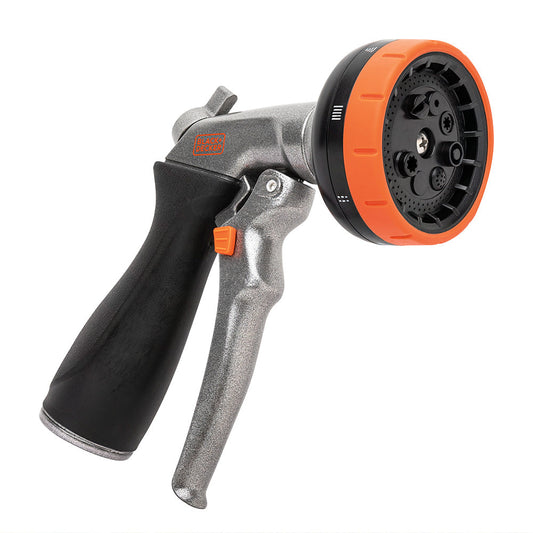 Black+Decker 8-pattern zinc front trigger spray nozzle for garden watering and irrigation tasks.