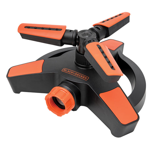 Black+Decker 3-arm adjustable sprinkler by Orbit Irrigation, with spinning arms for even watering in a garden or lawn.