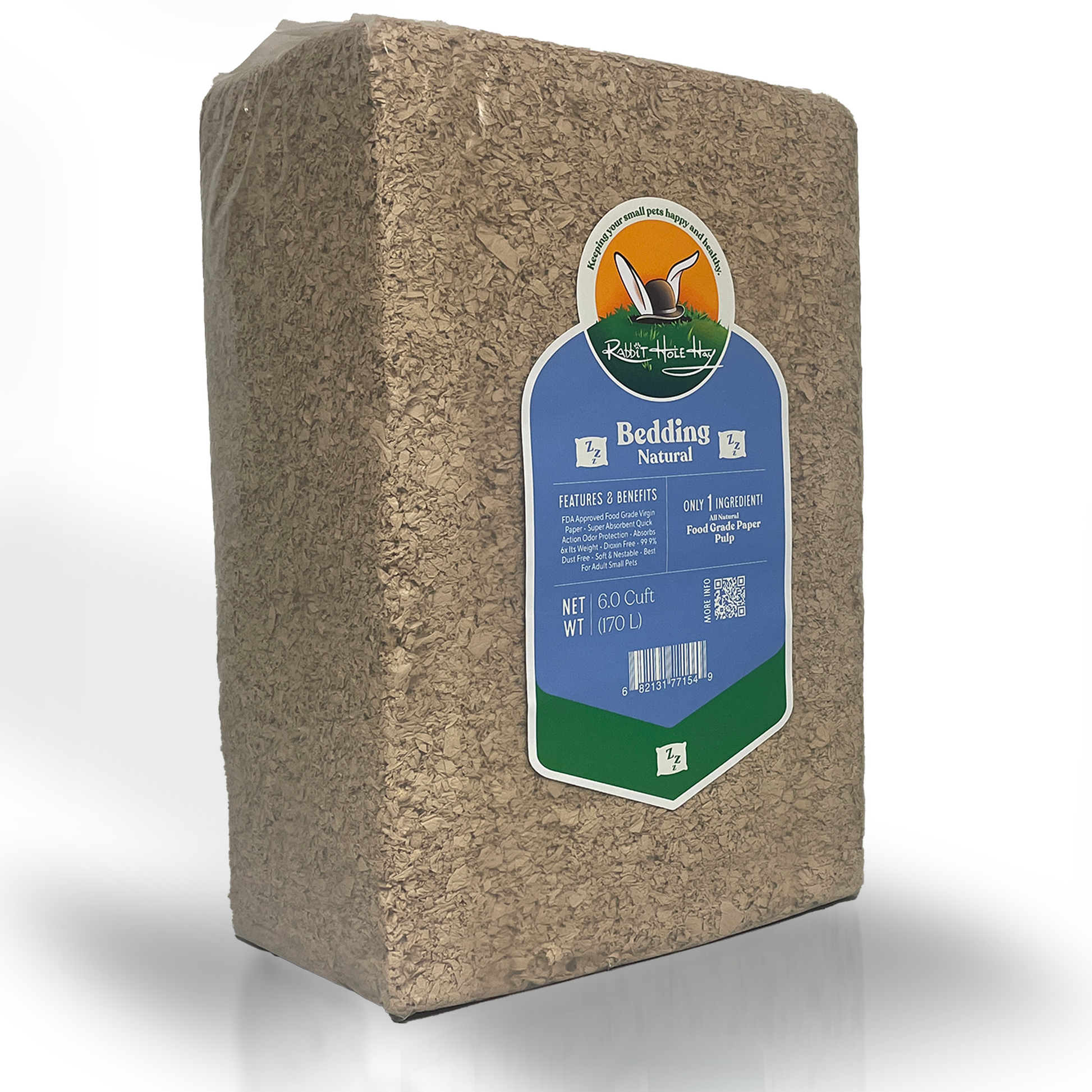 Natural bedding for rabbits from Rabbit Hole Hay, premium food-grade hay bedding for small animals, shown in the image.