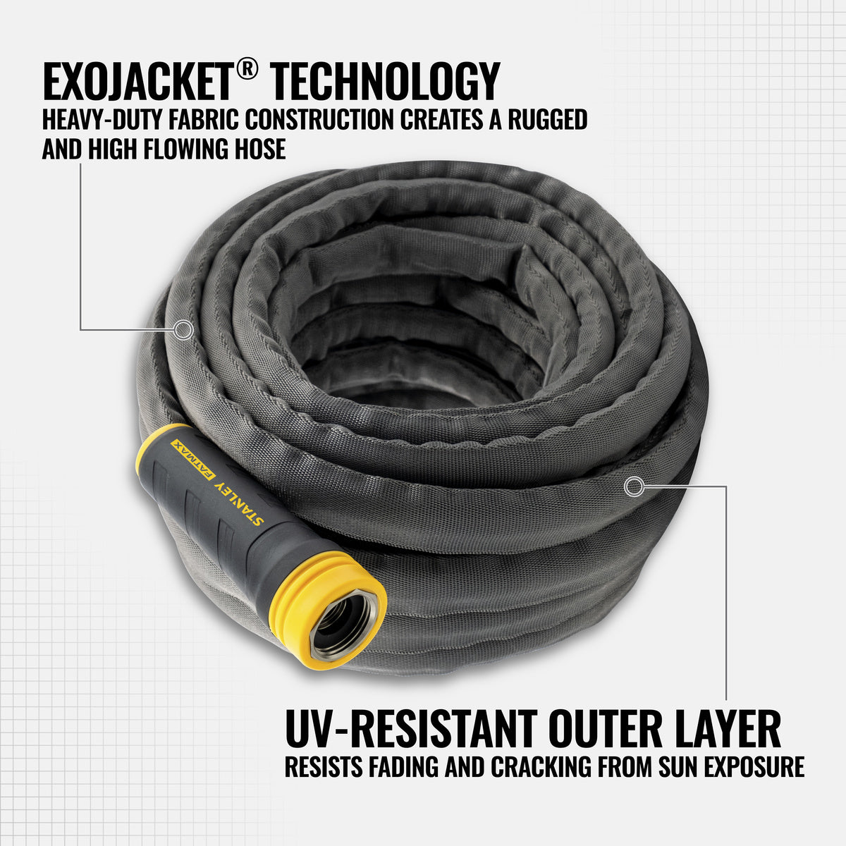 Orbit Irrigation Stanley 100 ft fabric garden hose with 5/8-inch diameter and swivel coupling for easy watering and durability.