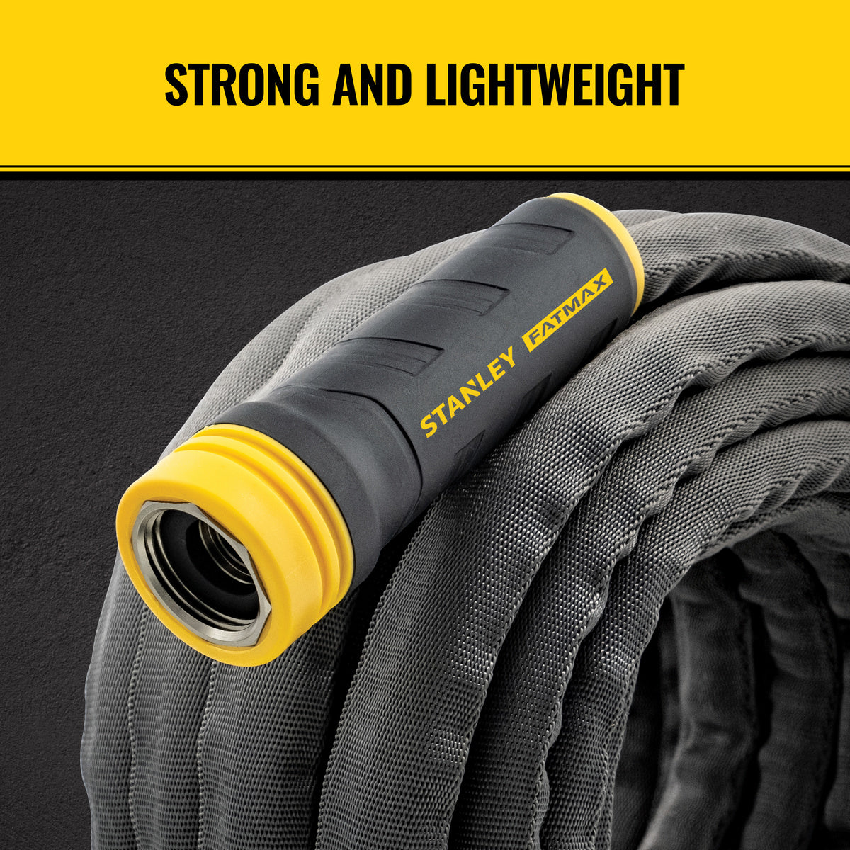 Orbit Irrigation Stanley 100 ft fabric garden hose with swivel coupling, durable and flexible for watering and outdoor use.
