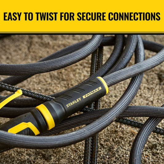Orbit Irrigation Stanley 100 ft fabric garden hose with swivel coupling, flexible and durable for outdoor watering.