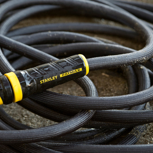 Orbit Irrigation Stanley 100 ft fabric garden hose with swivel coupling, flexible and durable for outdoor watering.