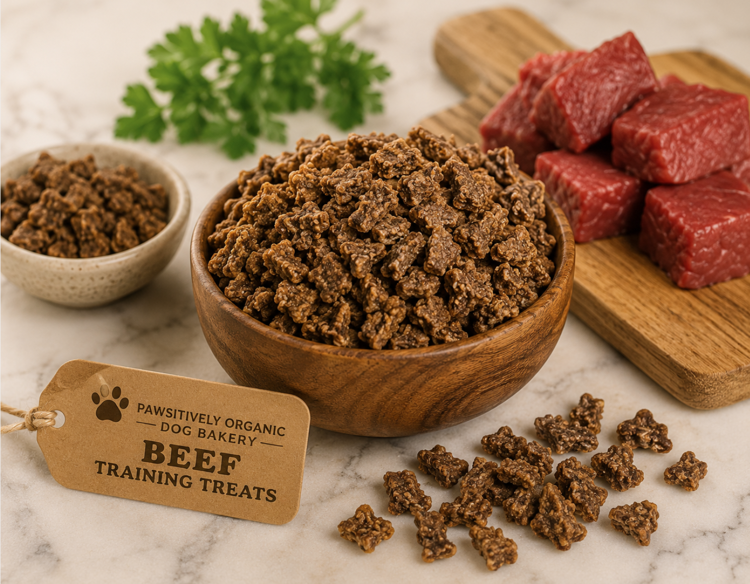 Organic beef training treats for dogs from PAWsitively Organic Dog Bakery, high-value, bite-sized training treats for dogs.