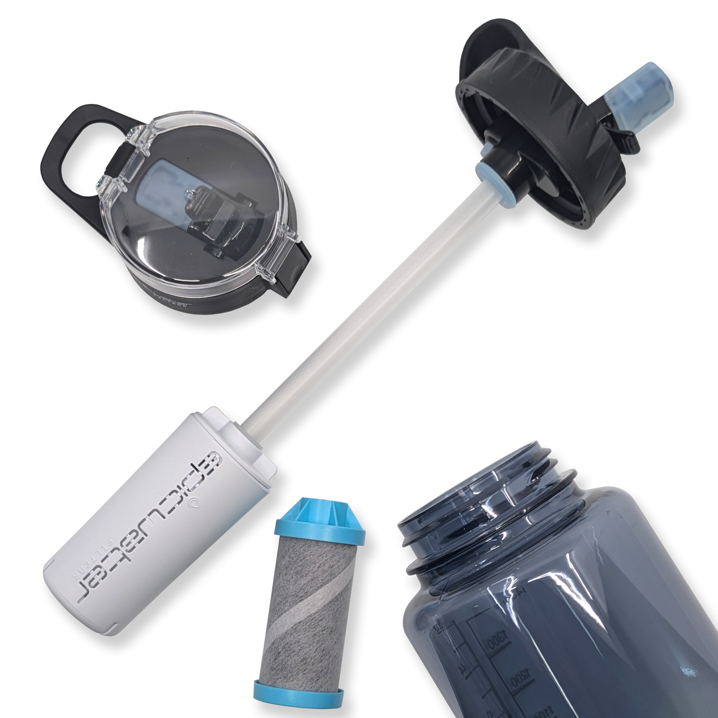 Infographic showing the Epic Water Filters The Answer 2.0 water filter compatible with Hydro Flask and Nalgene bottles.