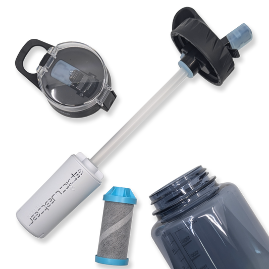Infographic showing the Epic Water Filters The Answer 2.0 water filter compatible with Hydro Flask and Nalgene bottles.
