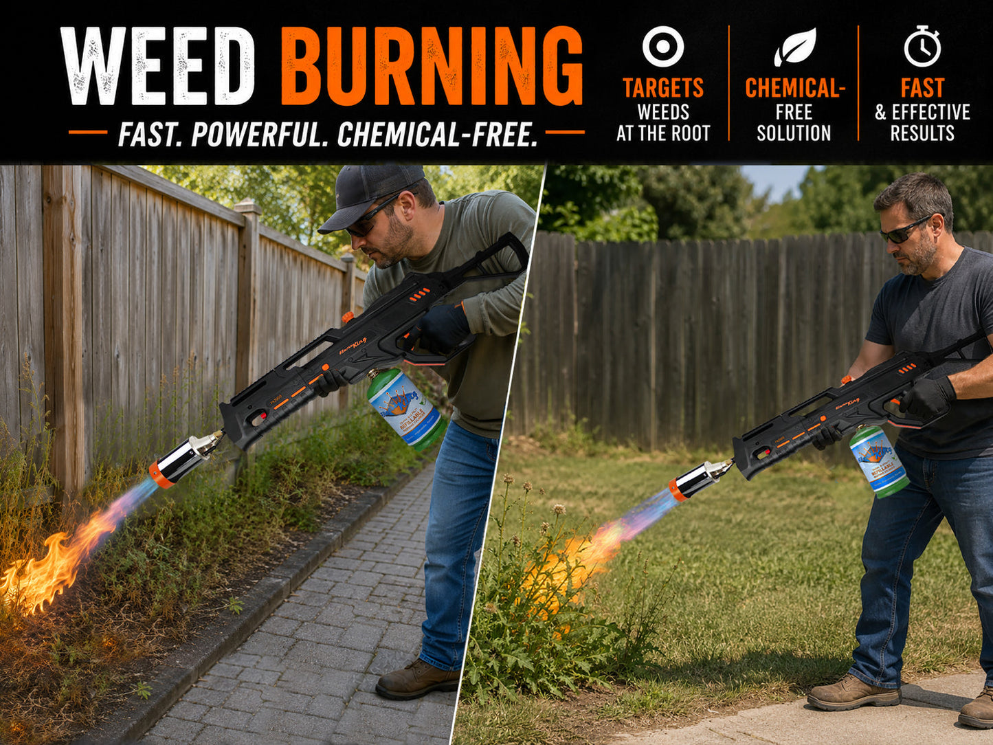 Flame King BlazeTac propane torch gun with trigger ignition for weed burning, shown in use with a blue handle and metal nozzle.
