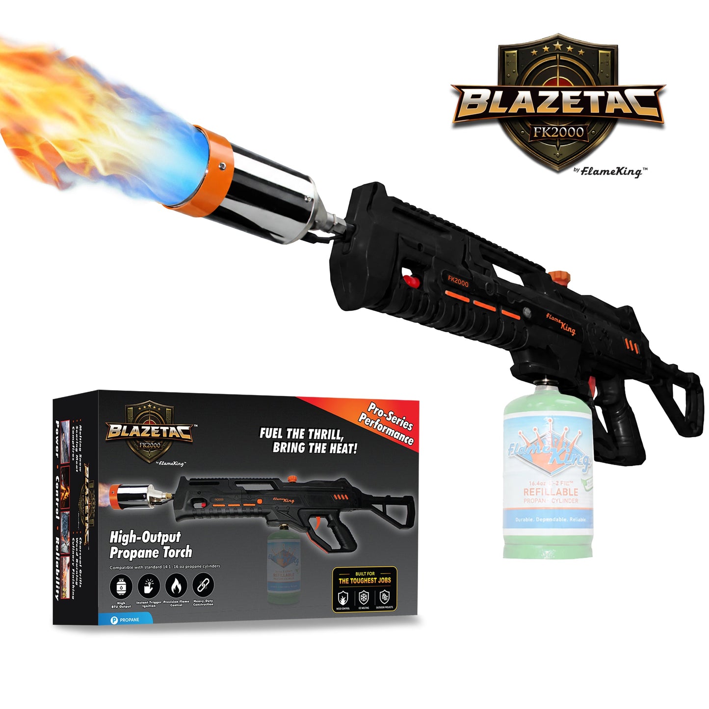 Flame King BlazeTac propane torch gun with trigger ignition, used as a weed burner, showing a black and orange handheld torch.