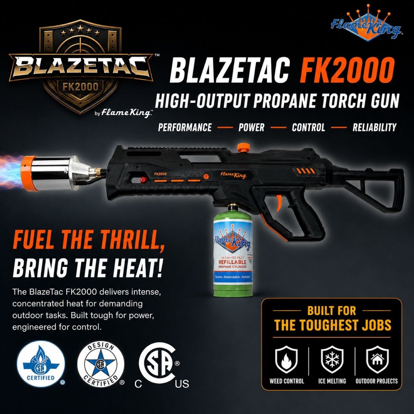 Flame King BlazeTac propane torch gun with trigger ignition, used as a weed burner, shown with metal nozzle and ergonomic handle.
