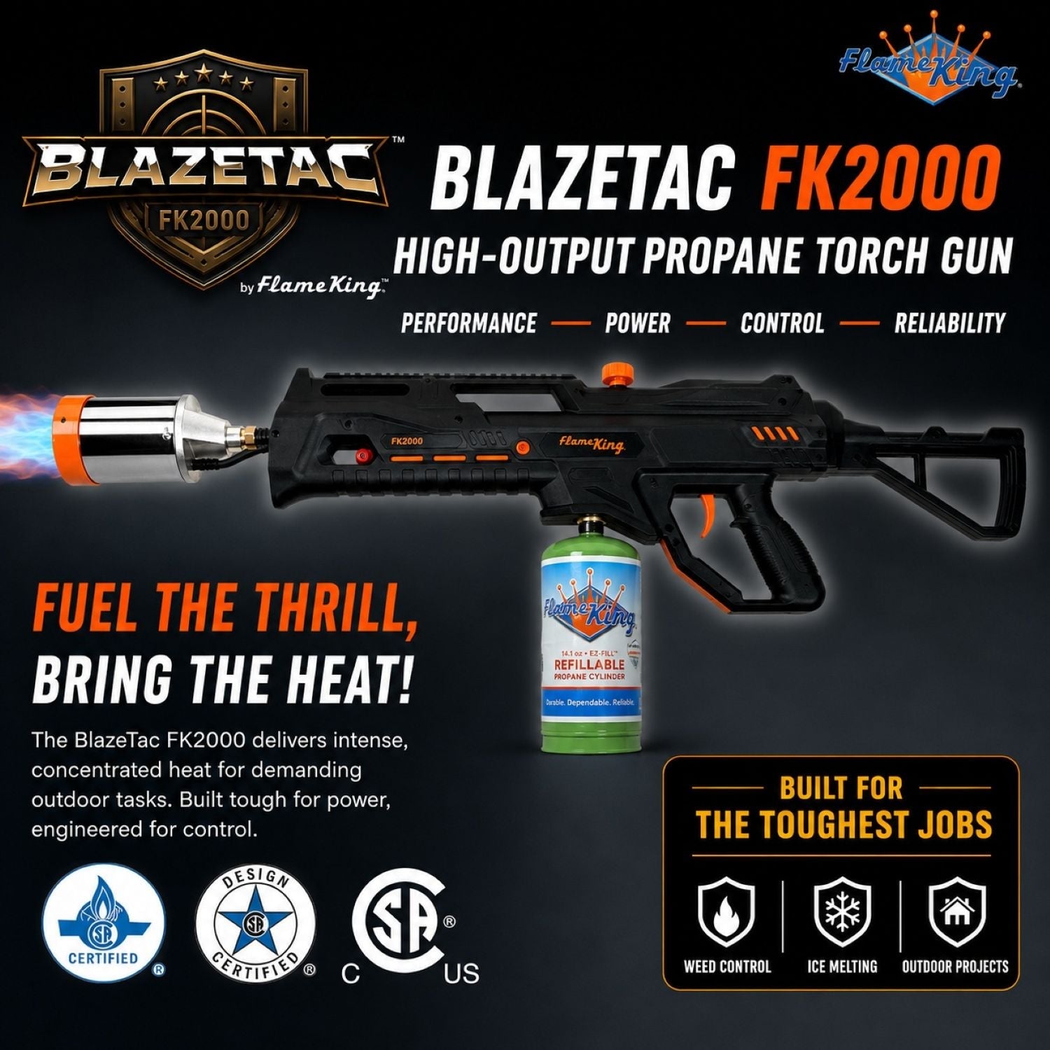Flame King BlazeTac propane torch gun with trigger ignition, used as a weed burner, shown with metal nozzle and ergonomic handle.