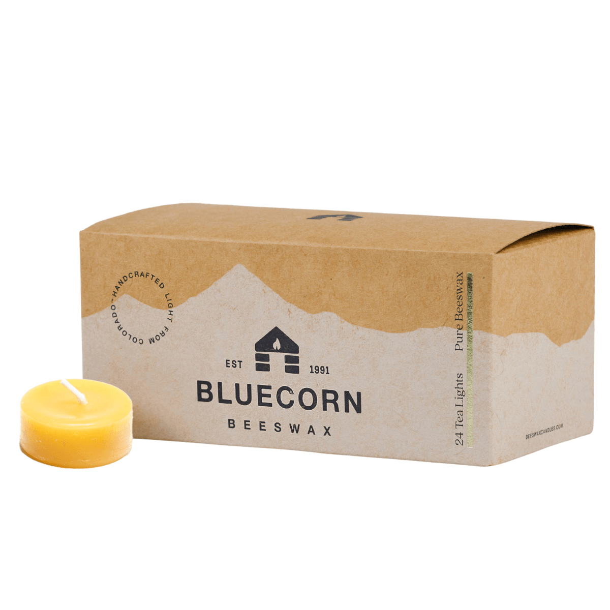 Set of 24 pure beeswax tea light candles from Bluecorn Candles, raw and refillable, ideal for natural candle lighting.