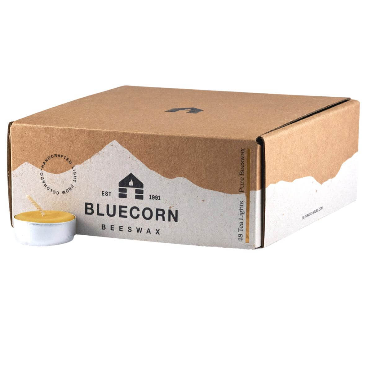 Set of bluecorn Candles pure beeswax tea light candles in raw metal cups, ready for decorative or ambient lighting.