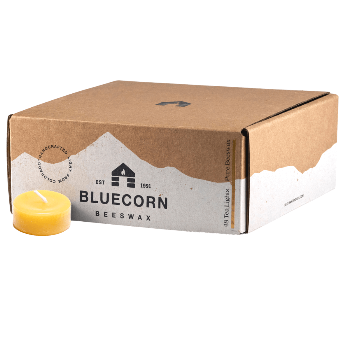 Set of 48 pure beeswax tea light candles from Bluecorn Candles, raw and refillable, ideal for creating warm, natural ambiance.