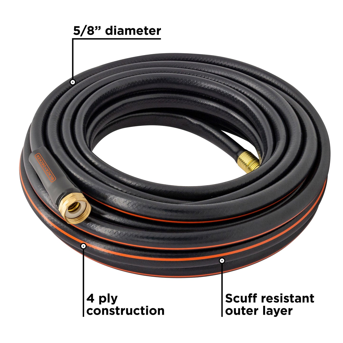 Black+Decker medium-duty 50 ft. garden hose by Orbit Irrigation, flexible and durable for watering gardens and plants.