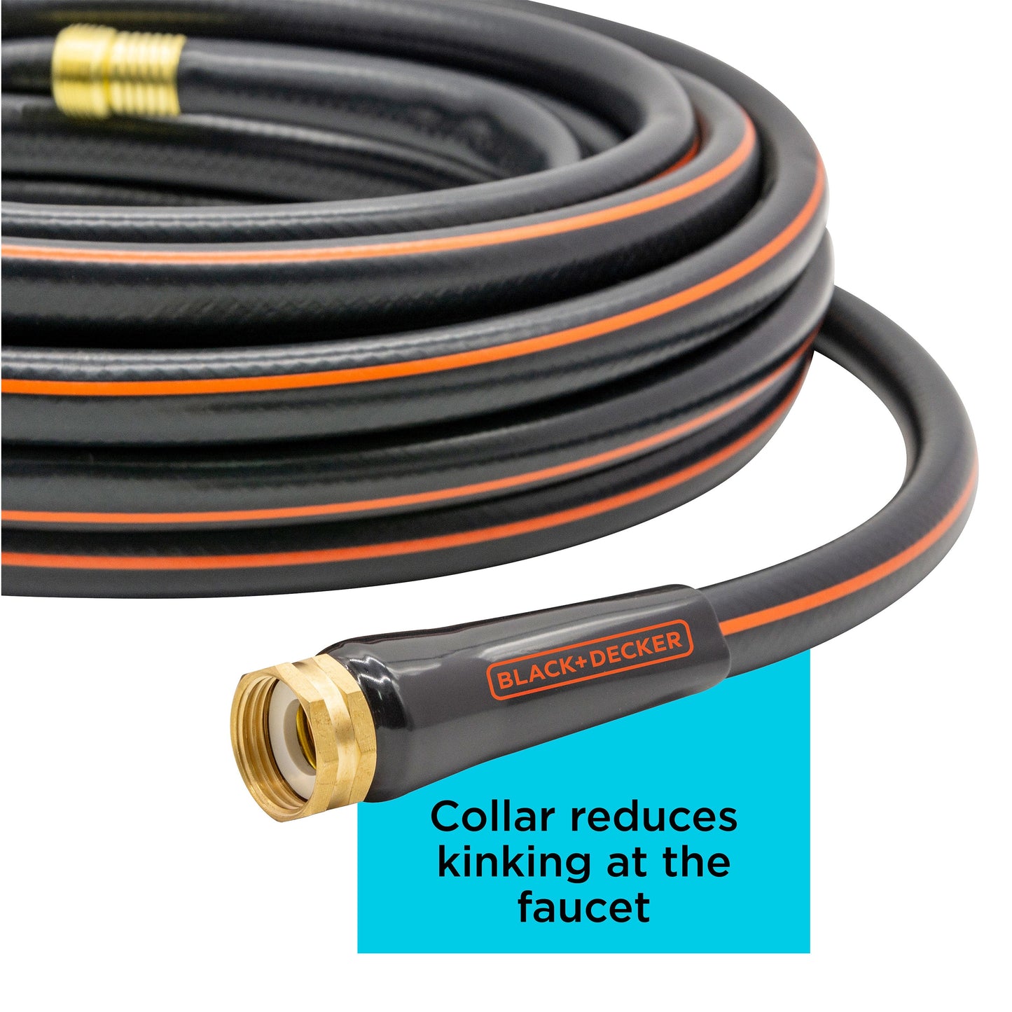 Black+Decker medium-duty 50 ft. garden hose by Orbit Irrigation, flexible and durable for outdoor watering tasks.