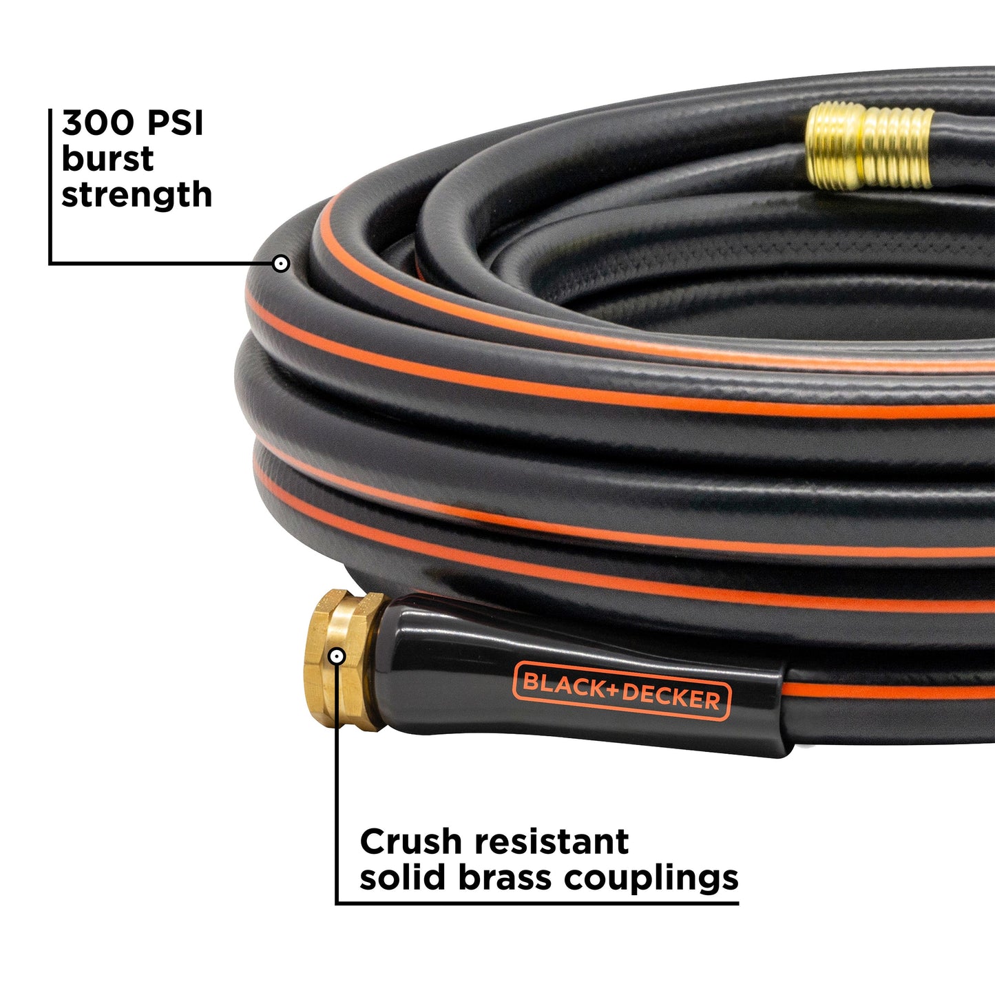 Black+Decker medium-duty 50 ft. garden hose by Orbit Irrigation, flexible and durable for outdoor watering tasks.