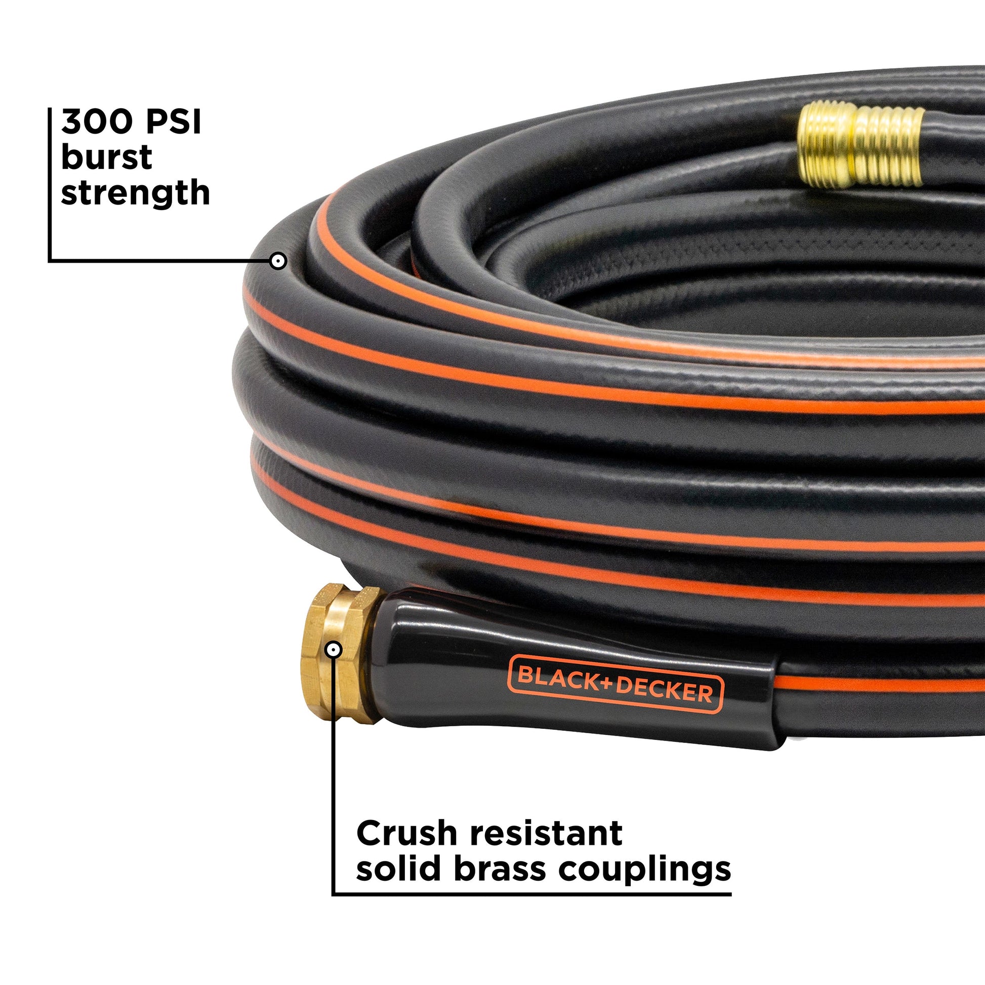 Black+Decker medium-duty 50 ft. garden hose by Orbit Irrigation, flexible and durable for outdoor watering tasks.