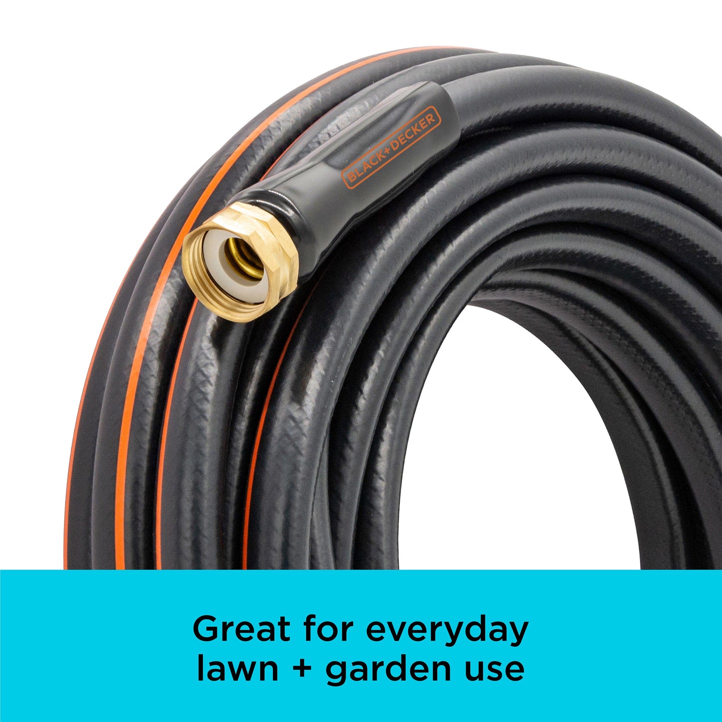 Medium-duty 50 ft. garden hose from BLACK+DECKER by Orbit Irrigation, flexible and durable for outdoor watering.