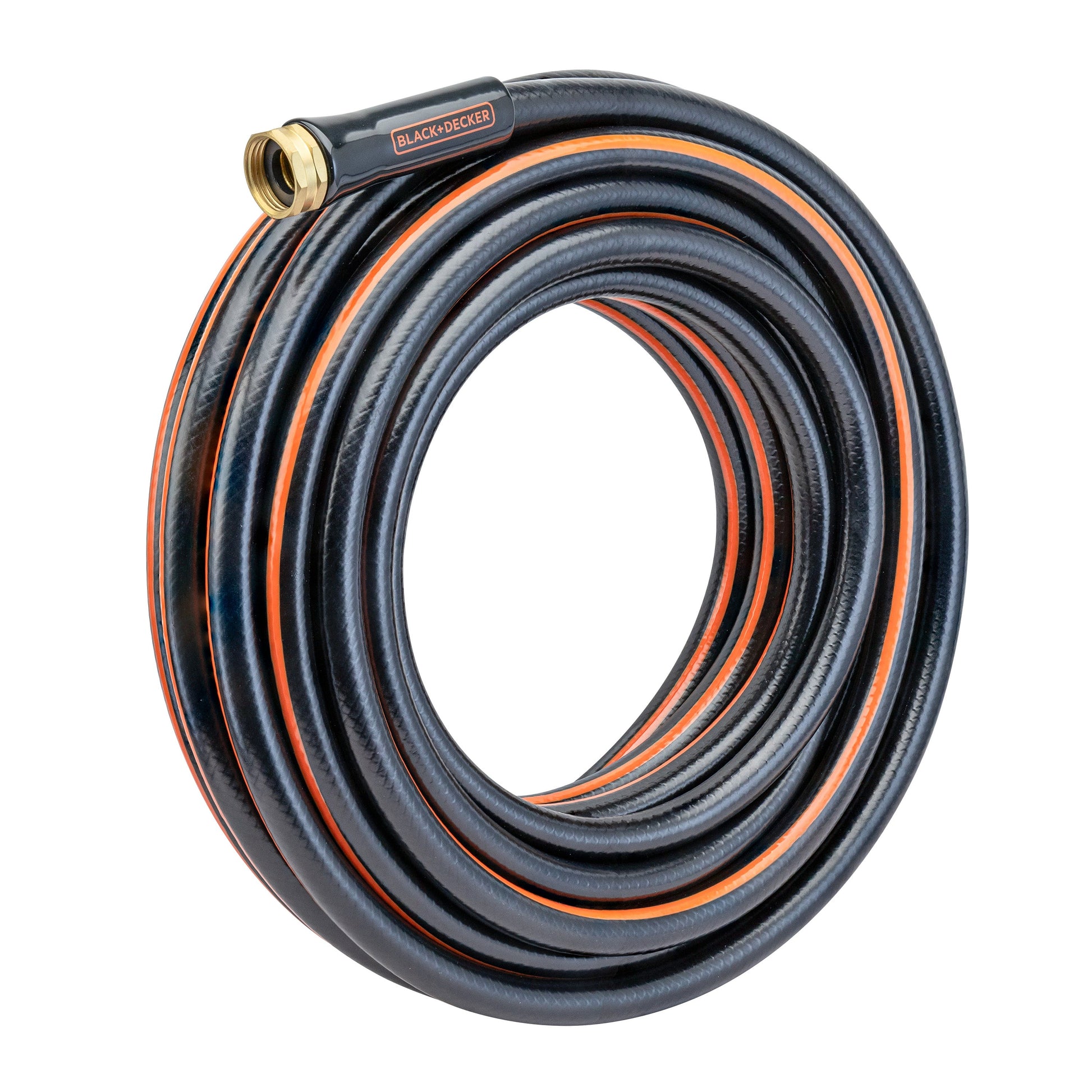 Black+Decker medium-duty 50 ft. garden hose with sturdy construction, suitable for watering gardens and outdoor tasks.