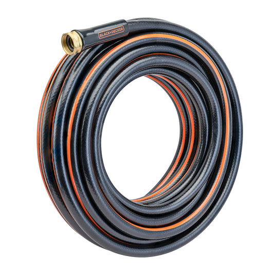 Black+Decker medium-duty 50 ft. garden hose with sturdy construction, suitable for watering gardens and outdoor tasks.