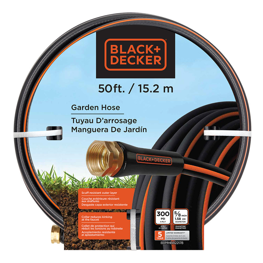 Black+Decker medium-duty 50 ft garden hose by Orbit Irrigation, shown in packaging with coiled hose and fittings.