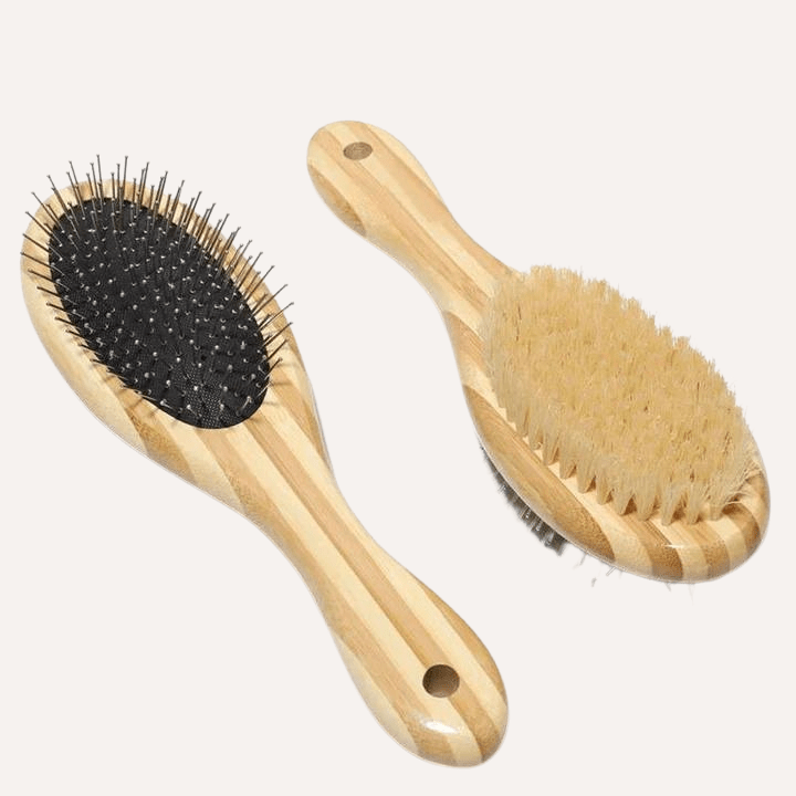 Two-sided Tilley + Me dog grooming brush with bristle and wire for shedding and detangling, shown on bamboo handle.