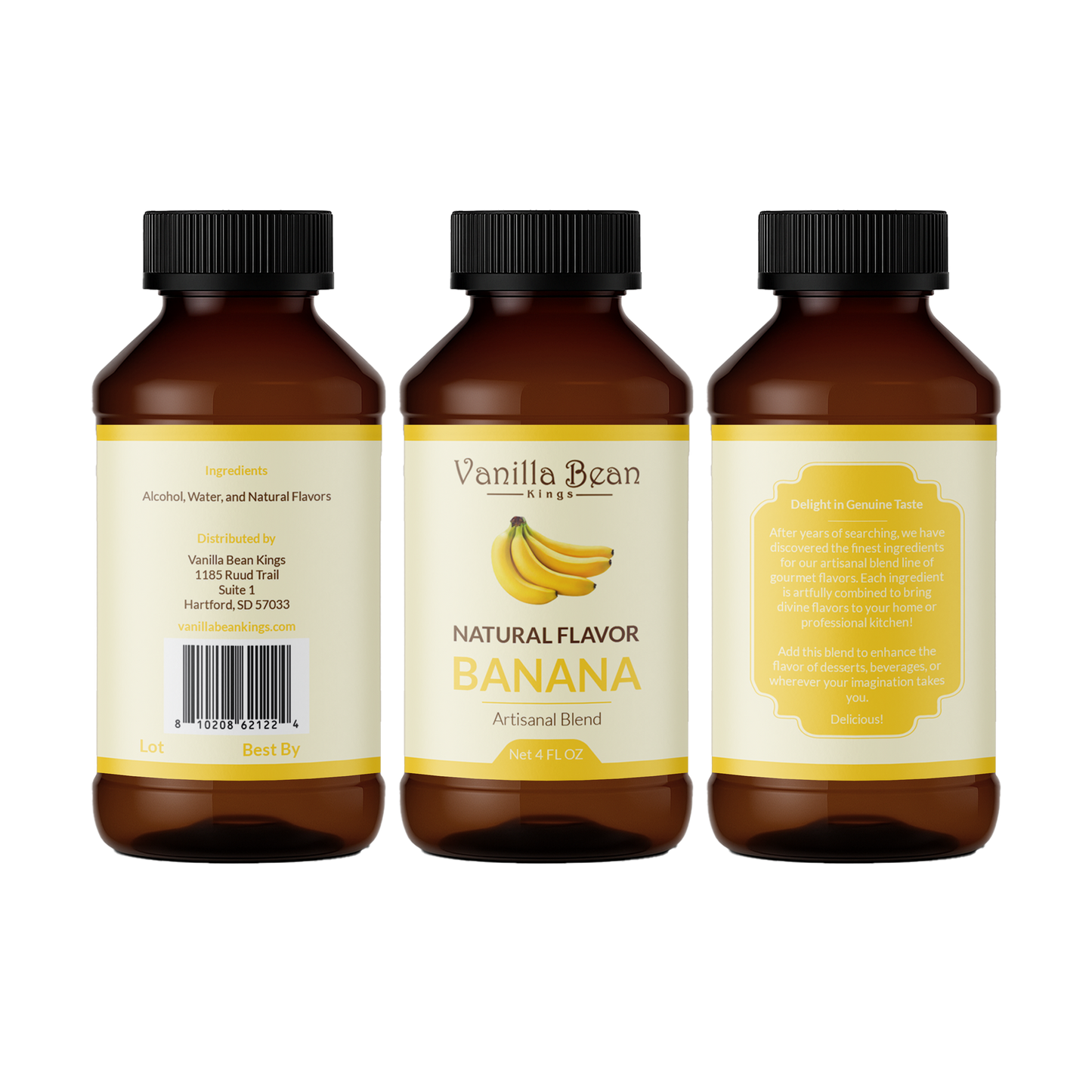 Natural banana extract from Vanilla Bean Kings displayed in a clear bottle with a banana illustration on the label.
