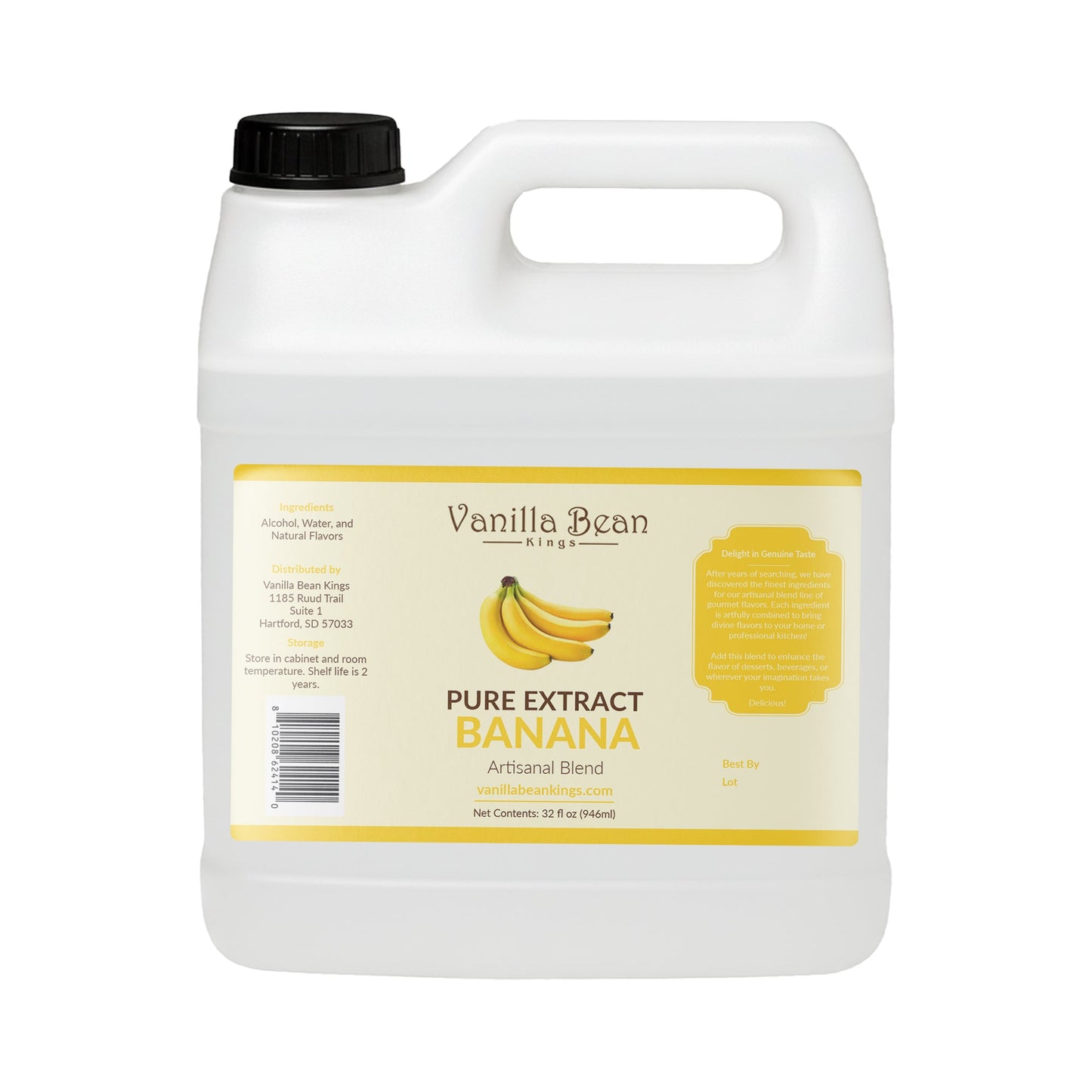 Bottle of Vanilla Bean Kings natural banana extract with a clear label and a dropper cap, set against a neutral background.