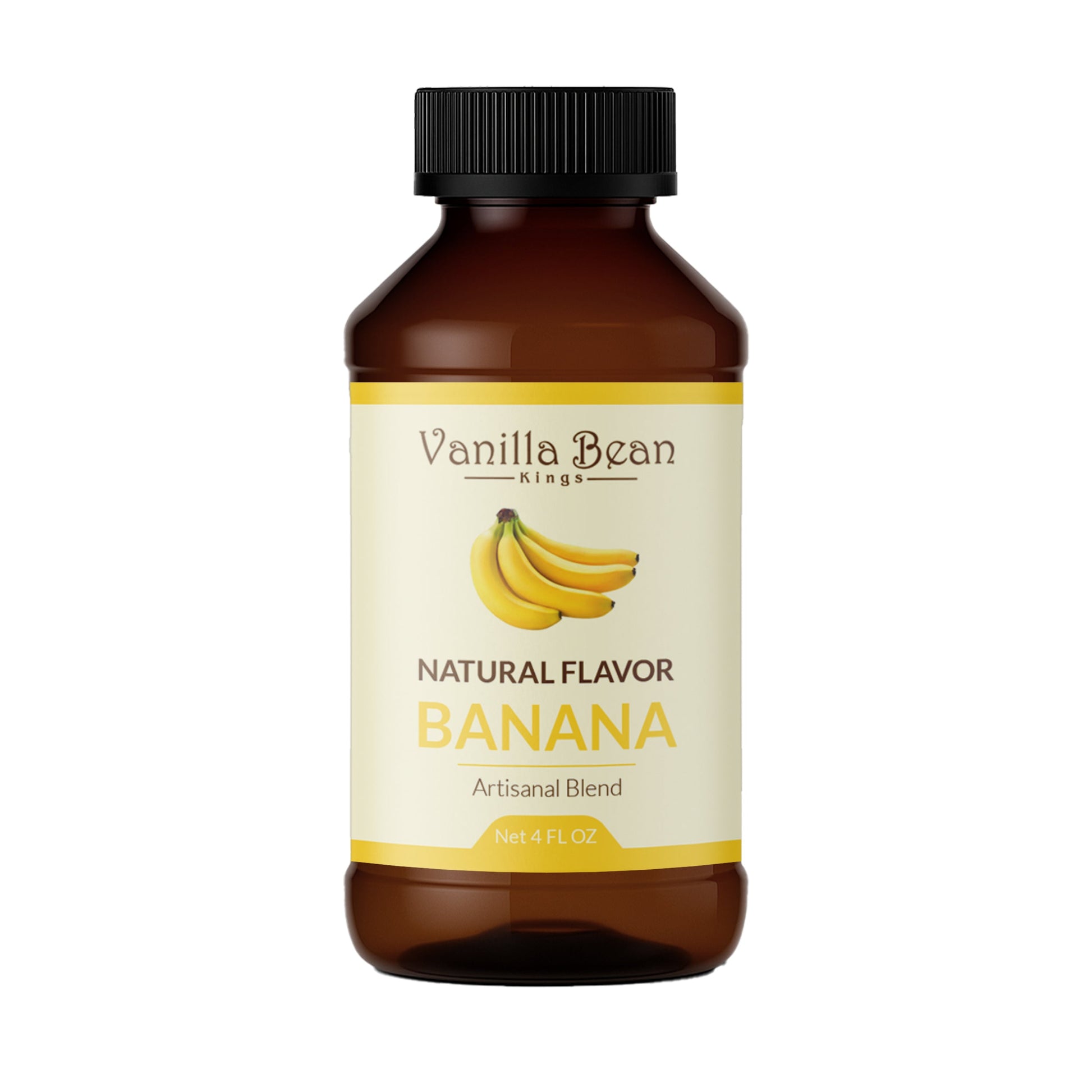 Natural banana extract bottle from Vanilla Bean Kings, showcasing the clear liquid inside and the label with banana imagery.
